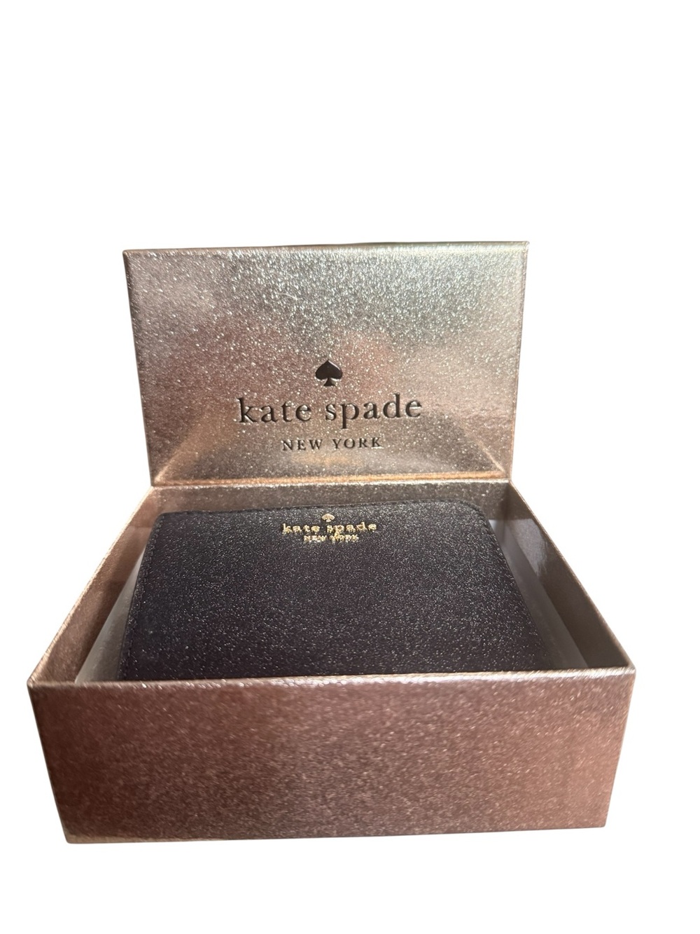 kate spade black glitter compact wallet with gold logo